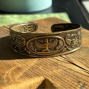 Vintage Egyptian Goddess Isis Winged Gold Tone Cuff Bracelet